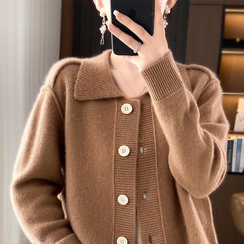 Women's Soft Breeze Polo Knit Cardigan - Lapel, Solid Color, Loose Fit, Slimming, Soft Texture, Long Sleeve Sweater Top.