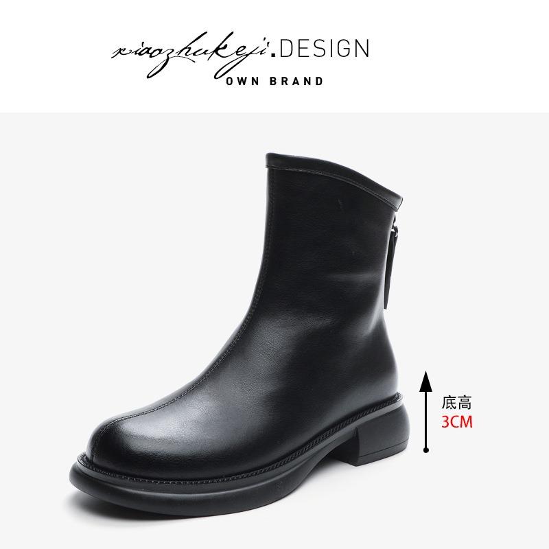 

Шкіряні короткі чоботи жіночі осінньо-зимові нові задня блискавка короткі чоботи універсальні ретро тонкі чоботи 40 чорний