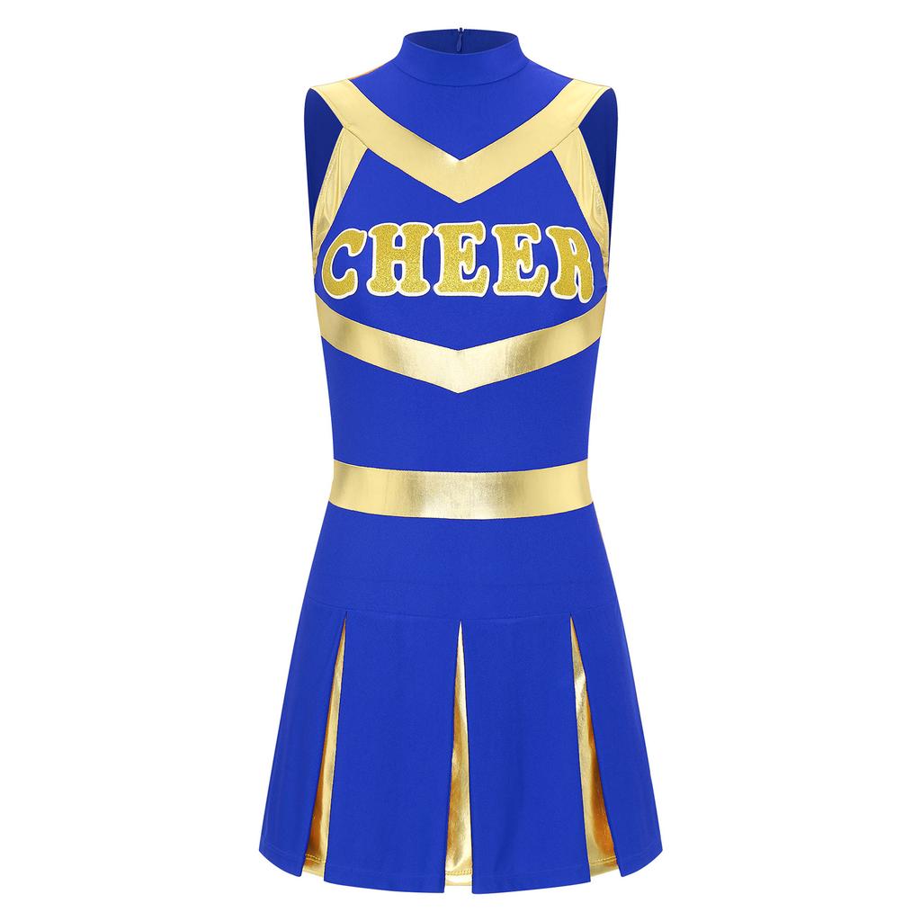 Womens Sparkling Cheerleader Dress Sleeveless Pleated Print Design Youthful Schoolgirl Uniform Halloween Costume