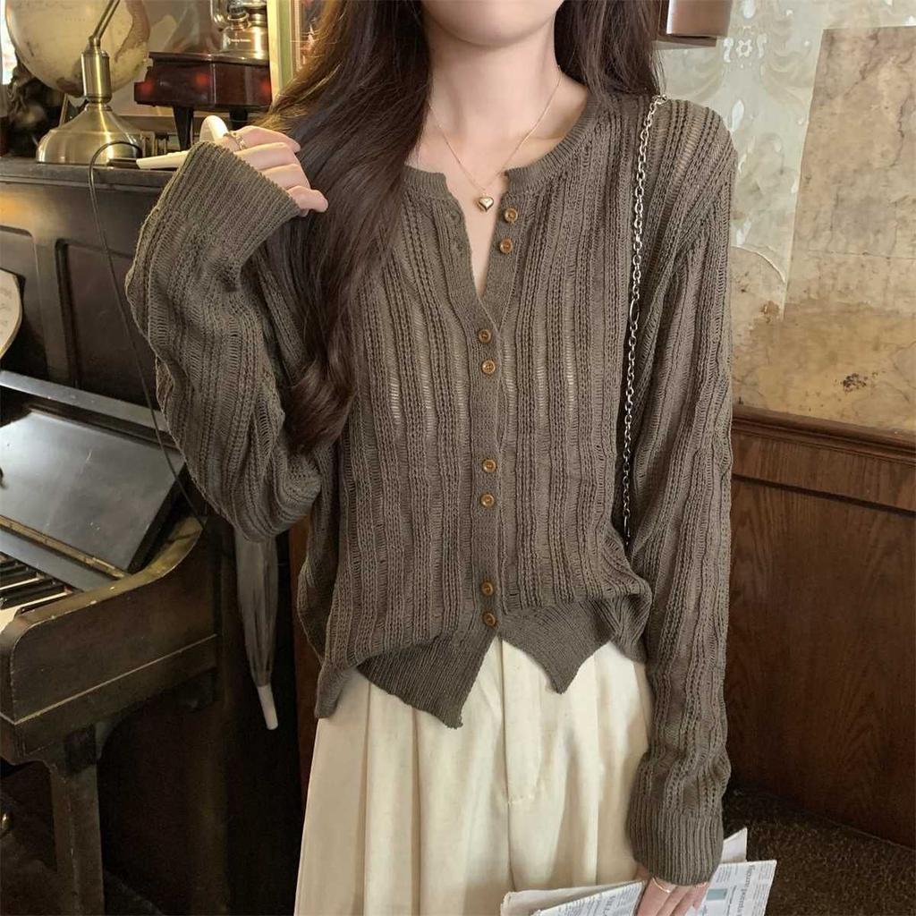 Hollowed-out Knitted Sweater for Women Long-sleeved Korean-style Knitted Cardigan Loose Knitted Sweater Top Sweater