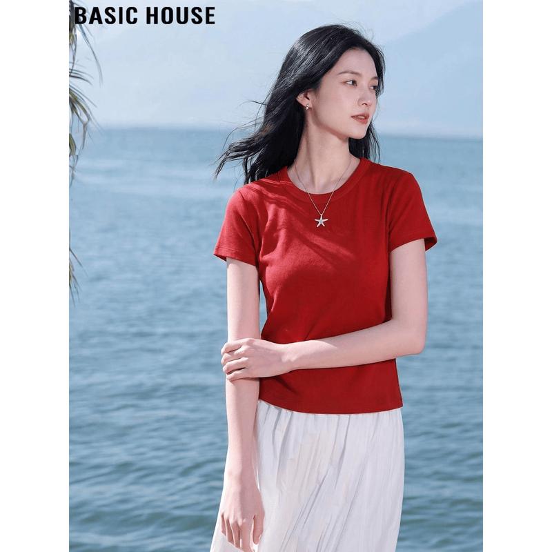 Basic House Women s Slim Fit Round Neck Short Sleeve T-shirt S багровый