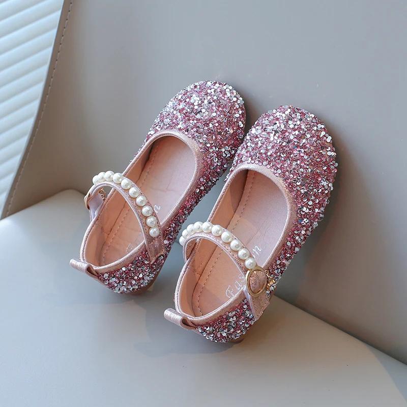 Dívčí třpytivé boty Dětské kožené boty pro střední velkou dívku Dětské párty svatební boty Kamínky s perlami Princeznovské balerínky