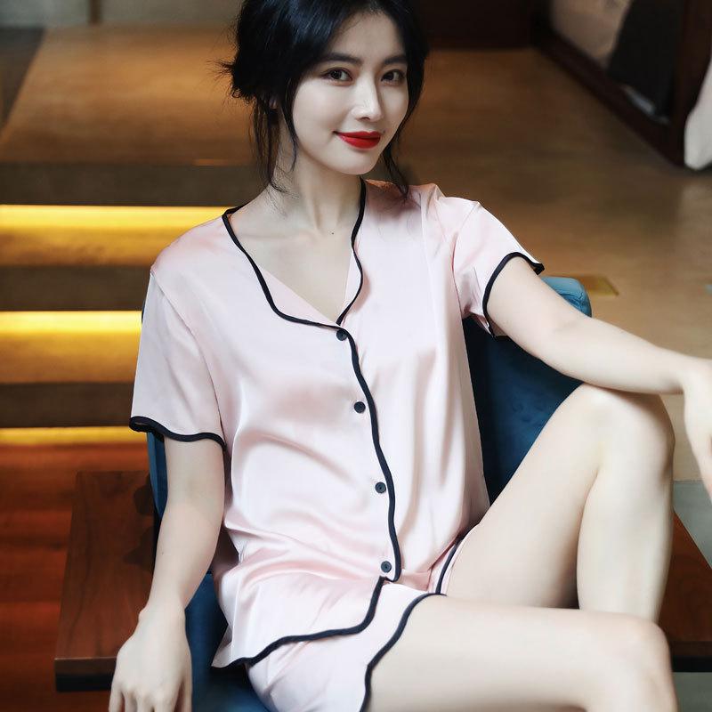 

Women’s Ice Silk Pajama Set Summer Short Sleeve Button-Up Top and Shorts Lightweight Breathable Loungewear Homewear XL рожевий
