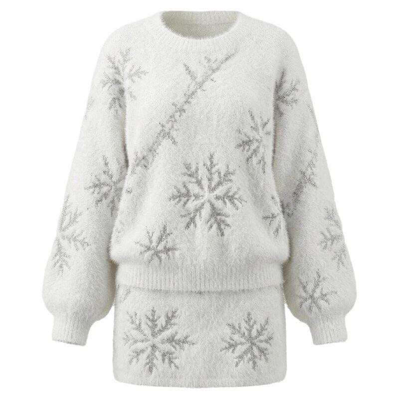 Sweet Style Snowflake Sweater & Skirt Set for Women - 2026 Autumn/Winter Collection