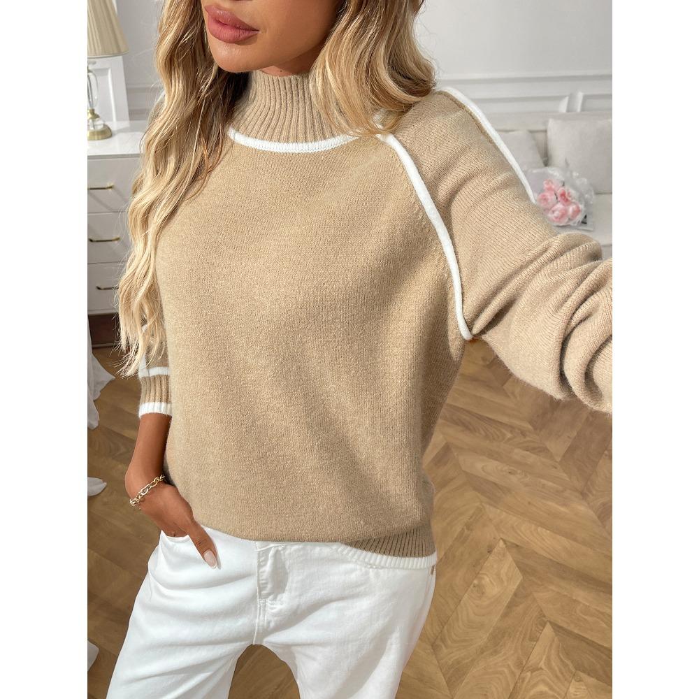 Autumn and Winter Semi High Neck Casual Loose Pullover Lazy Contrasting Women's Sweaters