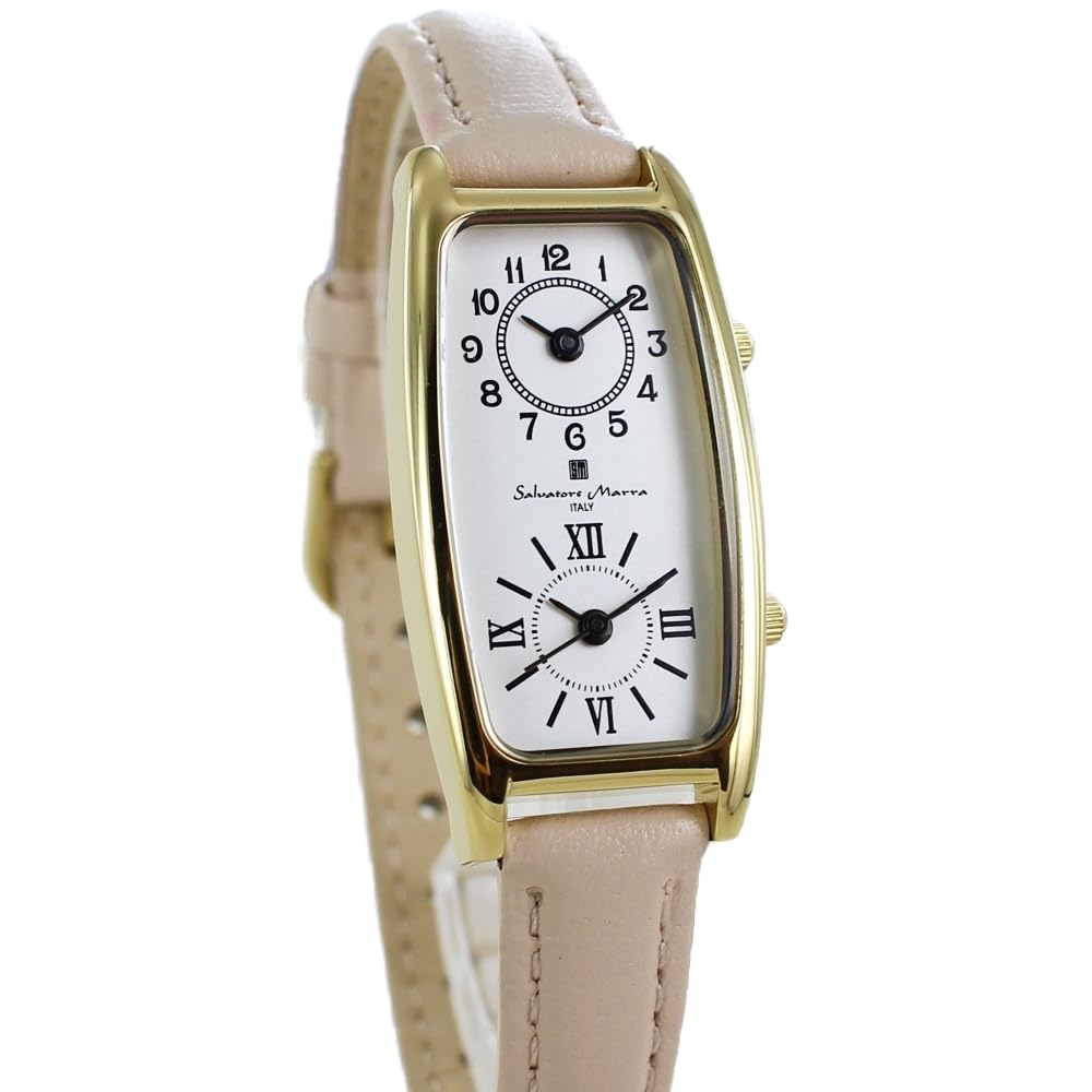 Watch with Leather Dual Time [Salvatore Marra] Women's Strap, Rectangular, Square, [] (no.1 Beige)
