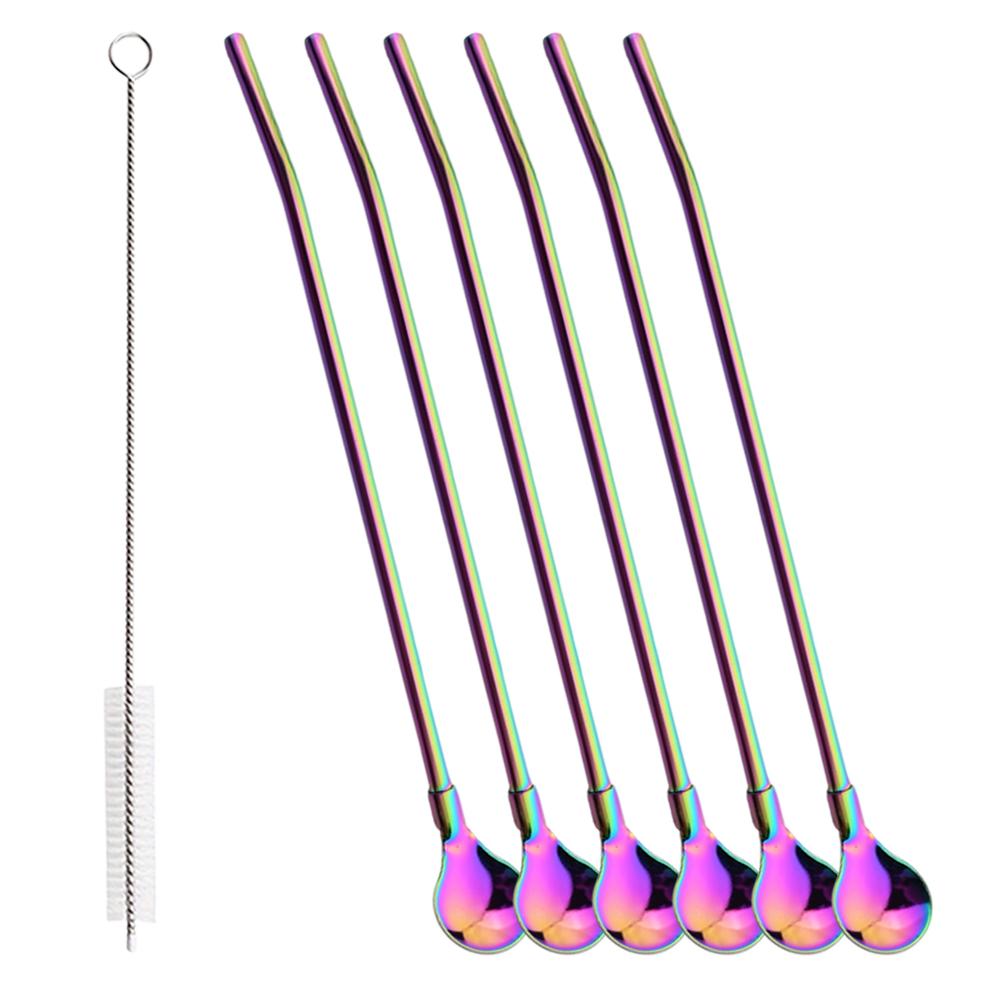 7Pcs Milkshakes Cocktails Coffee Juice Straw Set 2-in-1 Stainless Steel Straw Spoon Set Reusable Drinking Straws Bar Accessories