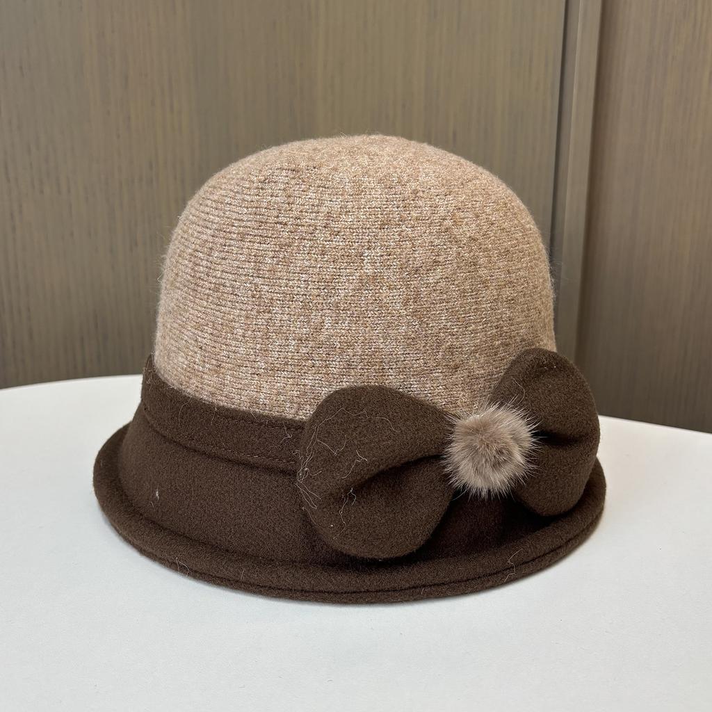 Wool Bucket Hat Thermal Hat Children Elegant Hairball Bow Mother Basin Hat
