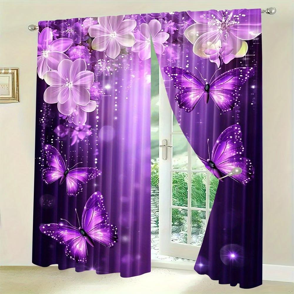 2PC Purple Butterfly & Floral Sheer Curtains - Sparkly Fantasy Print Window Drapes for Girls Bedroom Living Room Decor