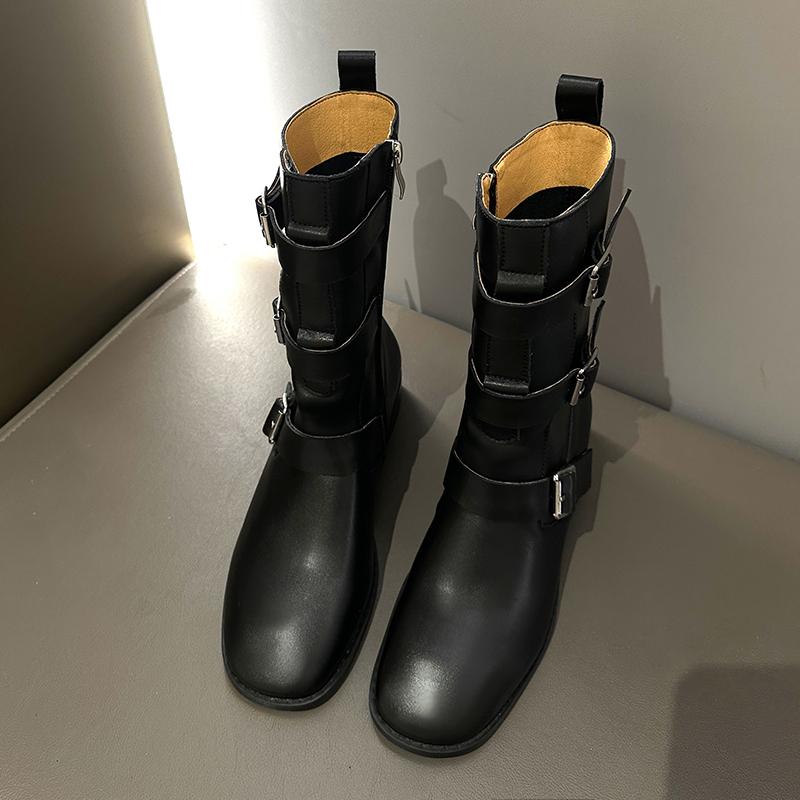 Fashion 2025 Autumn New Women's Shoes Split Leather Mid-calf Boots Square Toe Pull-on Mid Heel Belt Buckle Western Boots Modern Boots