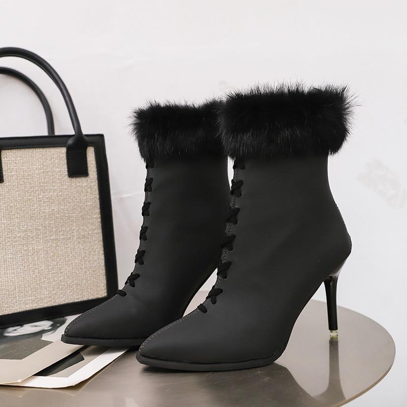 

Winter Woman Black Solid Suede Pointed Toe Cross Ankle Fur Stiletto Heel Ankle Boots Female High Heel Fashion Short Booties Shoe 34