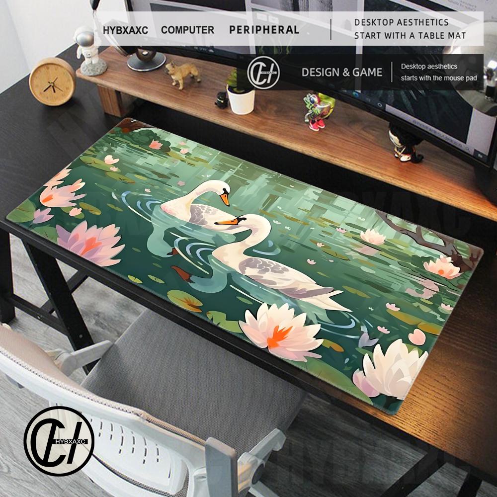 Hybxaxc Swan Lake Mousepad Botanical Nature Deskmat Lotus Flower And Lily Gaming Mouse Pad Cute Koi Pond NonSlip Keyboard Mat
