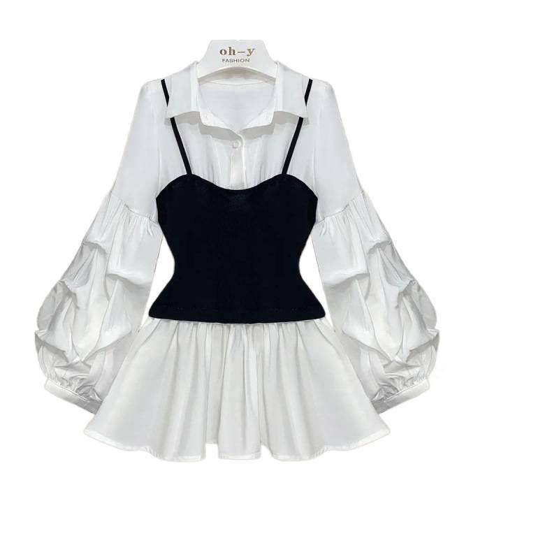 Lässiges und elegantes Taillen-Schlankheits-Laternenärmel-Spleiß-Fake-Zweiteiler-Hemd-Top mit Revers, passendes Patchwork-Hemd, Fake-Bluse