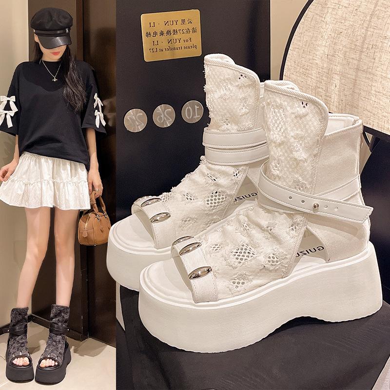 Premium Thick Sandal Sole Belt Buckle with 2025 New Open-toed Cool Boots Fairy Women's Skirt Cowboy Short Boots