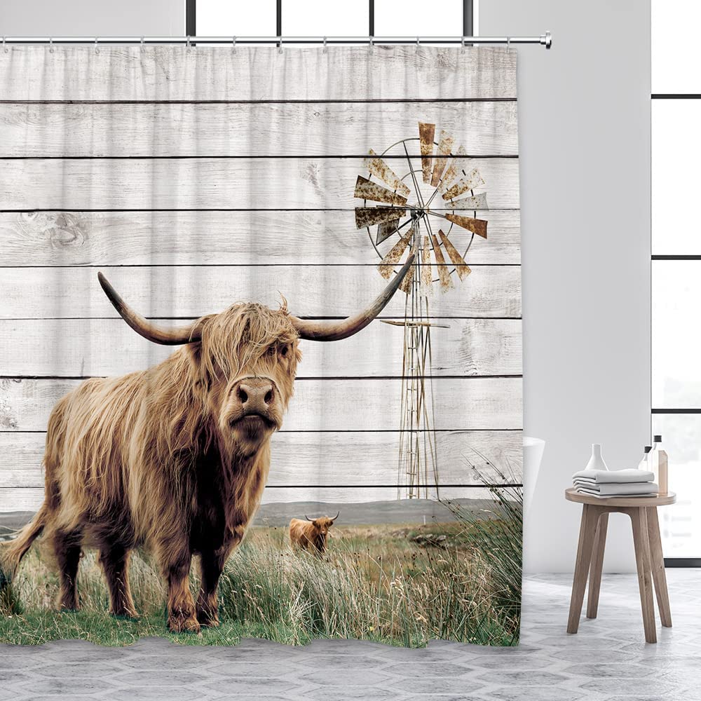 Highland Cow Shower Curtain Rustic Farmhouse Cattle Butterfly Farm Animals Flowers Plants Cowboy Boots Bathroom Decor With Hooks
