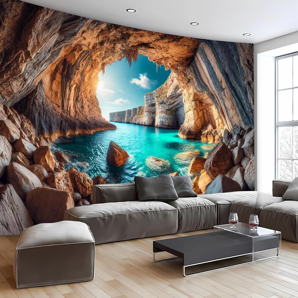 Sea Cave Tapestry Blue Ocean Sea Scenic Wall Hanging Nature Stone Landscape Beach Island Large Wall Blanket for Bedroom Living