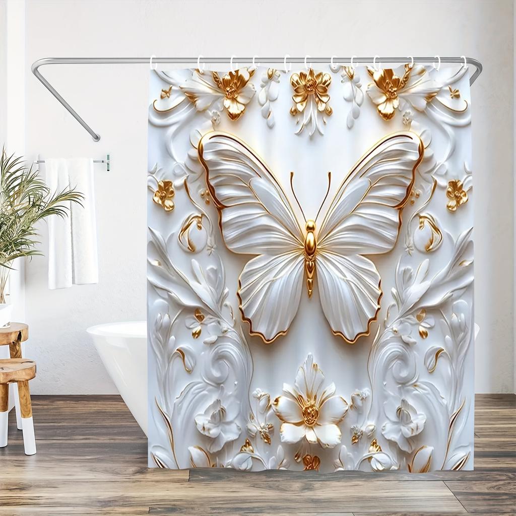 White & Gold Butterfly Print Waterproof Shower Curtain For Bathroom, Luxurious Floral Design High-End Toilet Partition Curtain