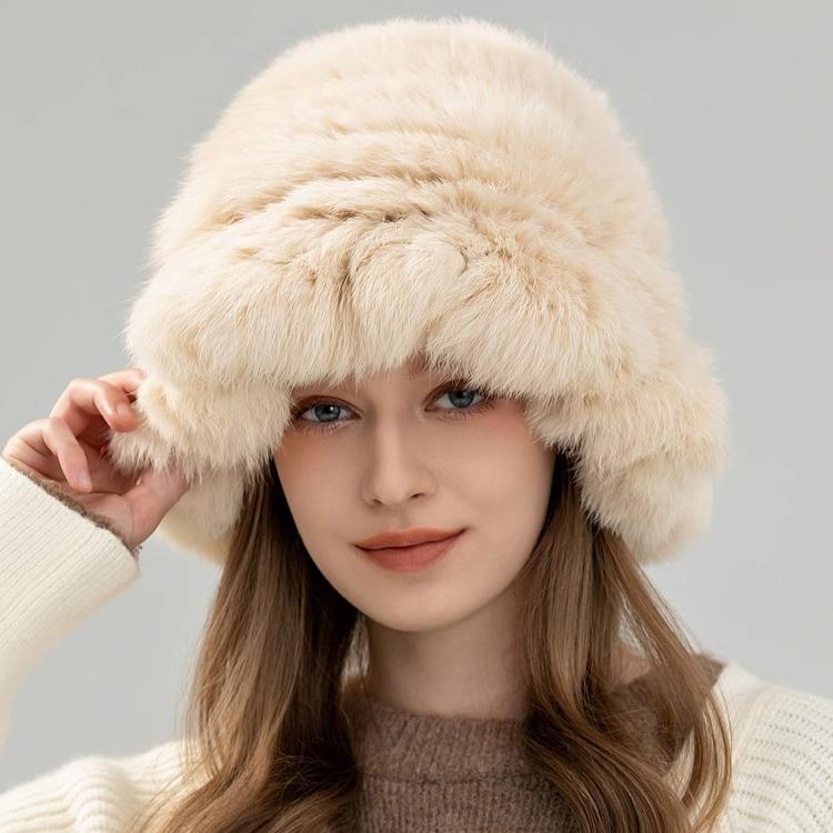 Real Rabbit Hair Cloud Hat Plush Hat Women's Autumn and Winter Warm Face Small Ear Protection Fur Knitted Bucket Hat Basin Hat