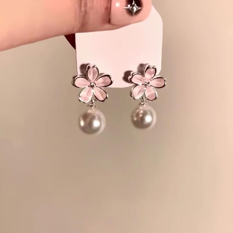Silver Needle Pink Flower Tassel Pearl Earrings Women's New Popular Spring Temperament Earrings Premium Earrings
