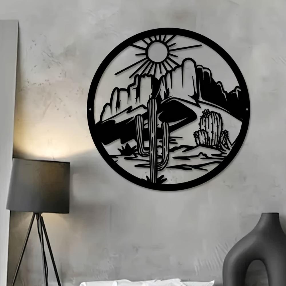 1pc Iron Cactus Sun Mountain Wall Art Desert Landscape Sculpture 11.81 Inch Indoor Outdoor Decor for Living Room Patio Balcony Office Farmhouse