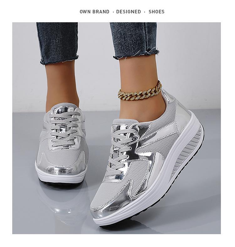 Women's Mesh Breathable Thick-Soled Dad Shoes, Height-Increasing Rocking Sneakers, Casual Sports Style, Available in Sizes 41-42.