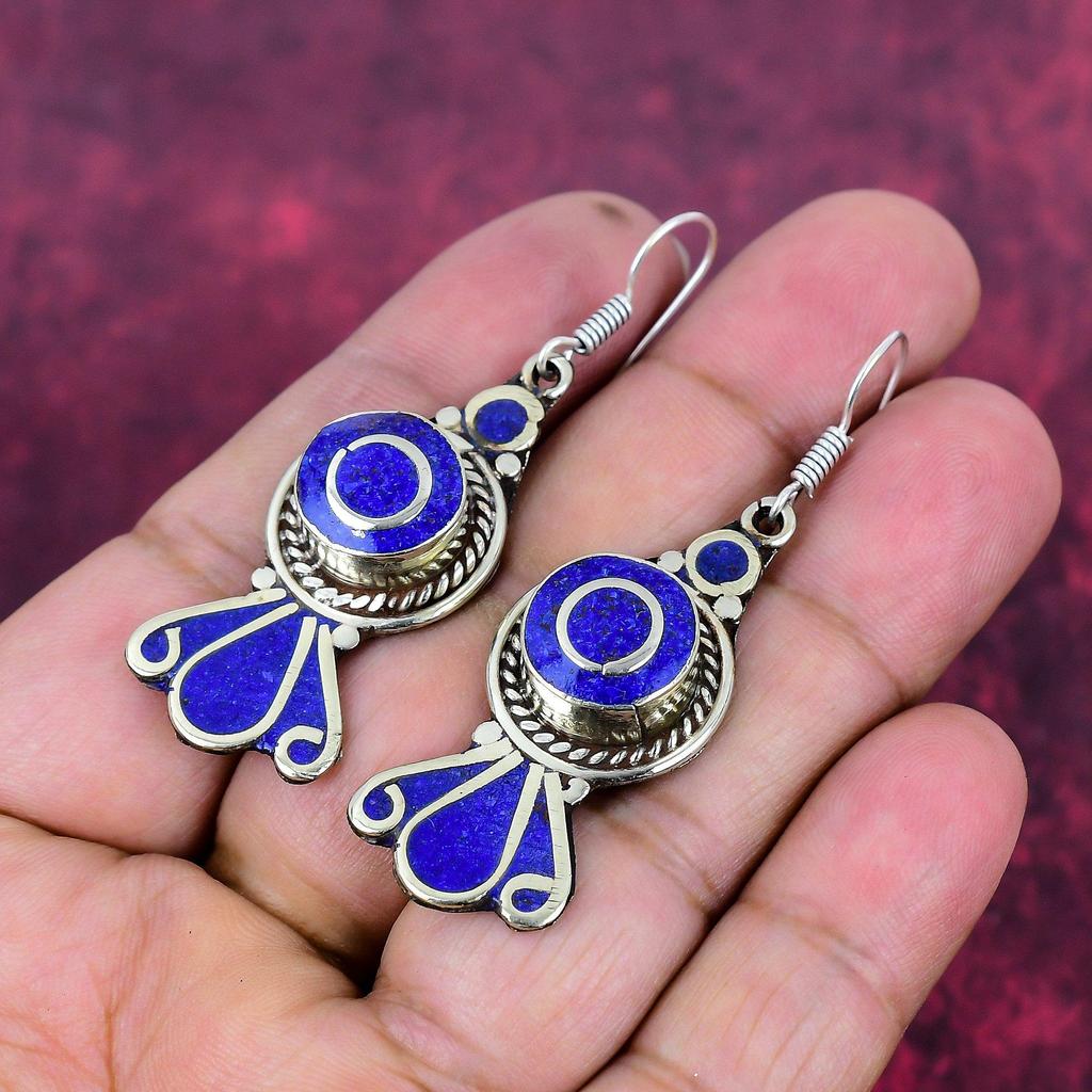 Lapis Lazuli 925 Solid Sterling Silver Earrings, Handmade Gemstone Nepali Earrings Jewelry, Gifts For Wife Brand New Earrings
