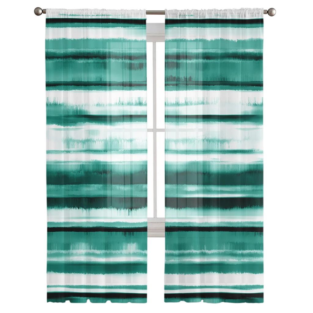Watercolor Stripe Gradient Green Bedroom Transparent Sheer Curtains Holiday Decoration Window Voile Tulle Curtain