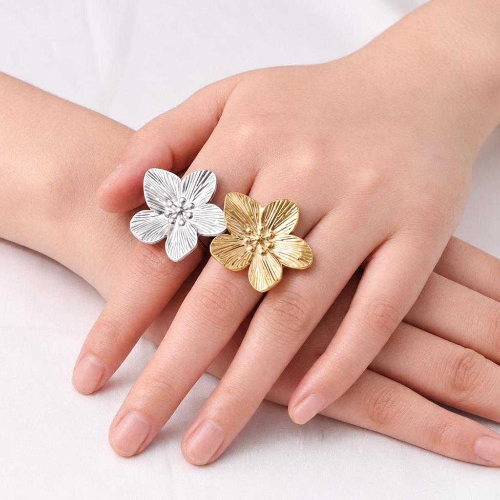 European and American Stainless Steel Luxury Open Flower Ring - Women's Trendy Versatile Fashion