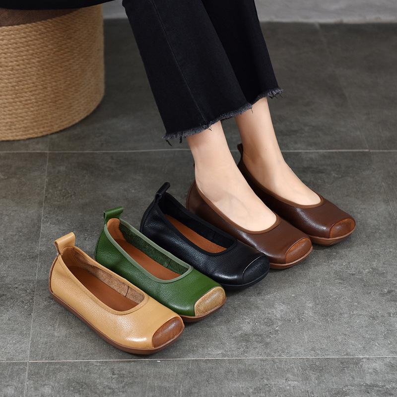 Fashion GKTINOO  Retro Square Toe Shallow Flat Shoes 2025 Spring Autumn New Genuine Leather Loafers Soft Sole Women's Slip-on Shoes