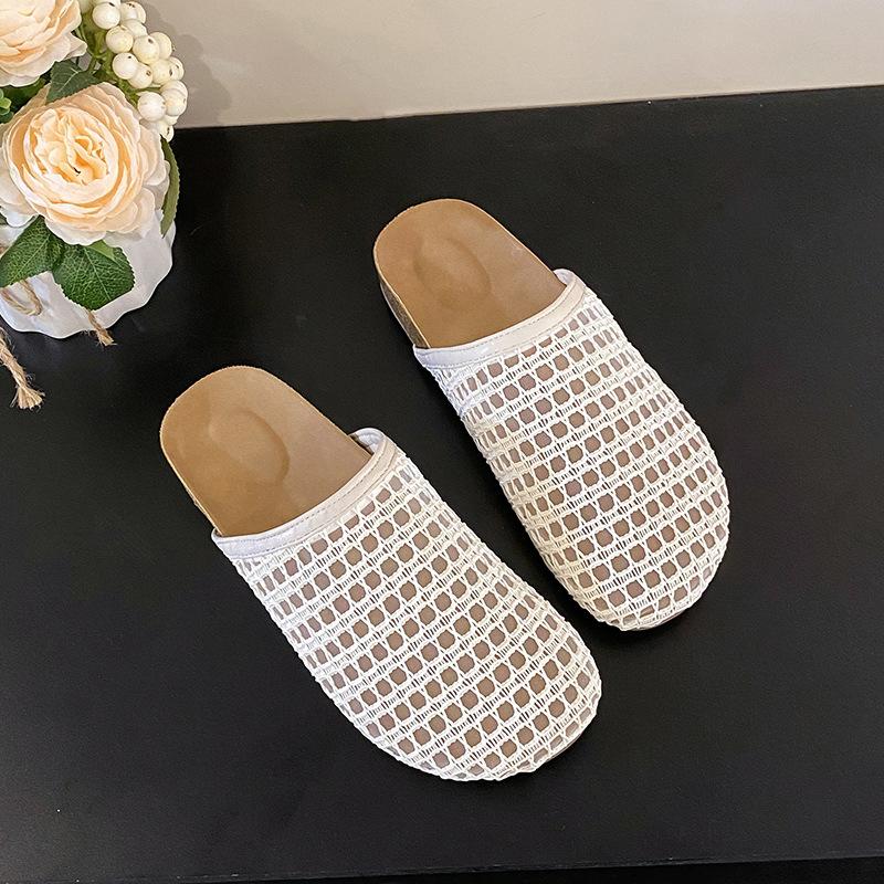 Woven Hollow Slippers Women's Half-pack of Cool Slippers Summer Leather Splicing Square Head Comfortable Cool Slippers Women