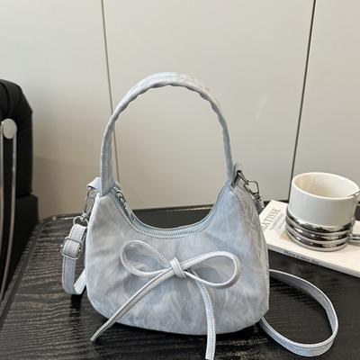 Large Capacity Bow Shoulder Bag Lace Pearl Pendant Solid Color PU Hobo Bag Handbag Korean Style French Style Handbag Travel
