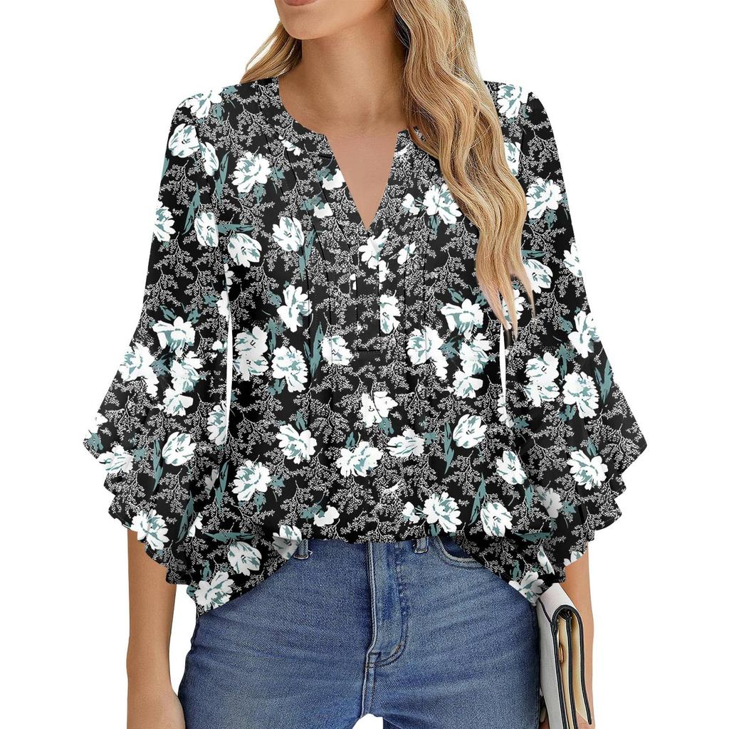 Dámská móda Ležérní plisované tričko s výstřihem do V, jednobarevné, tříčtvrteční rukáv, elegantní top