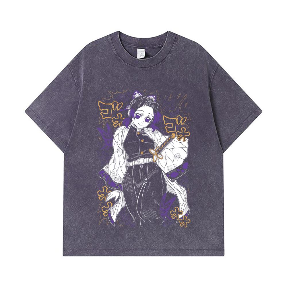 275 GSM Washed T-shirts 100% Cotton Demon Slayer V45 Shinobu Print Unisex Heavy Cotton T Shirt