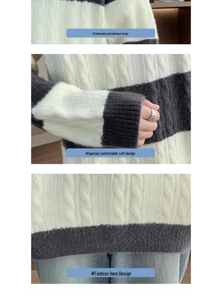 Men's Trendy Striped Cable Knit Sweater - Autumn/Winter 2025 Loose Warm Woolen Base Layer.