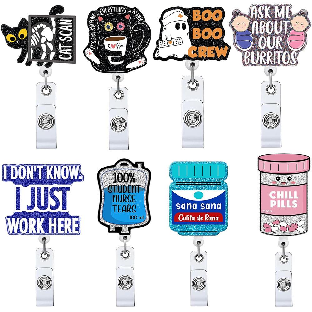 Glitter Acrylic Easy To Pull Badge Telescopic Buckle 360° Rotation Retractable Doctor Nurse Badge Reel Bottle Id Card Holder