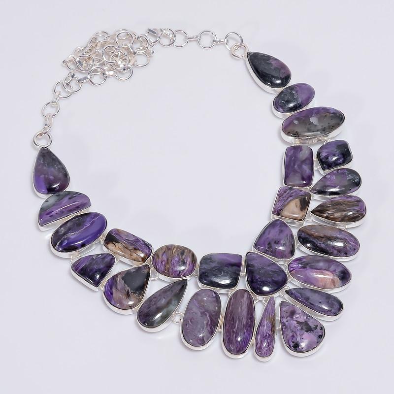 

Mind Blowing Top Grade Qualite 100% Natural Charoite Ethnic Style Handmade Jewelry 925 Steling Silver Plated Necklace 21 WSJ-4792 срібний