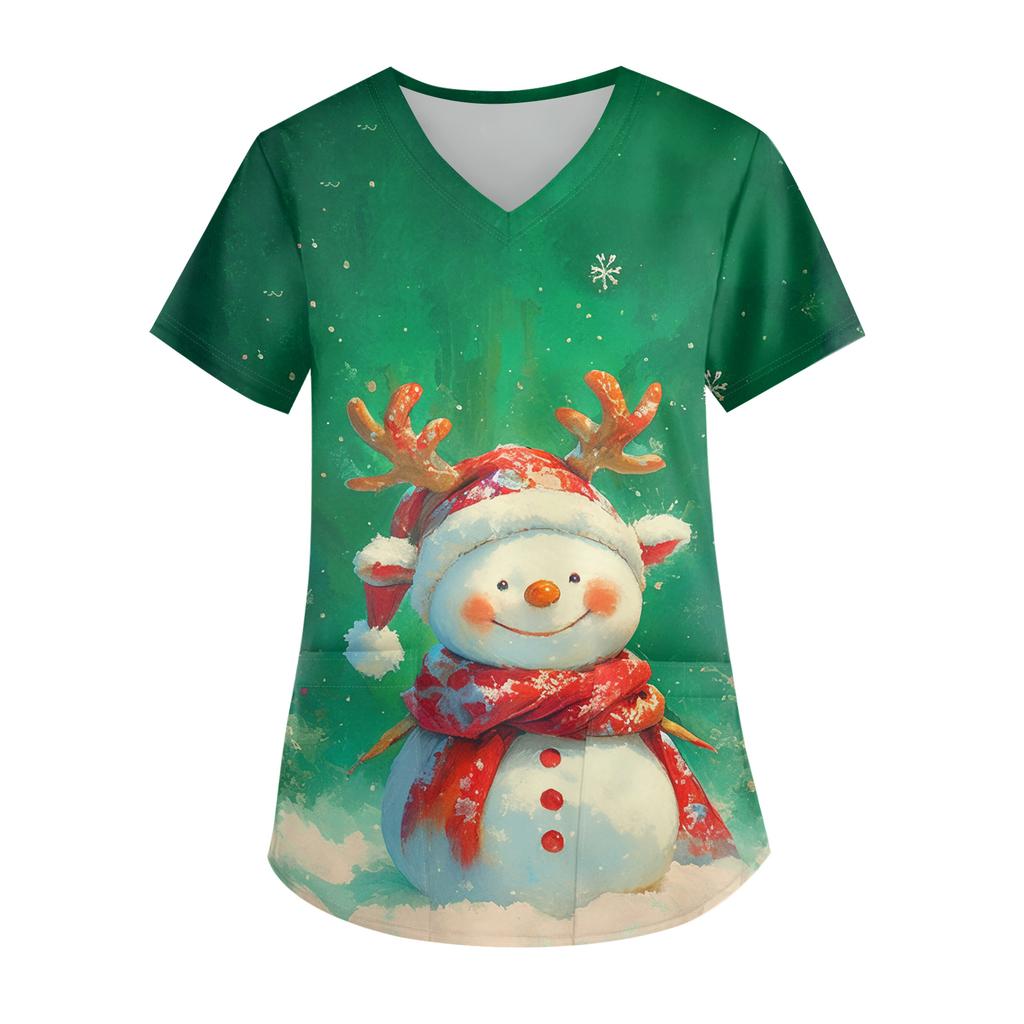 Ladies' Christmas Printed Fashionable V-neck Pocket Short Sleeved Uniform And Caregiver Top