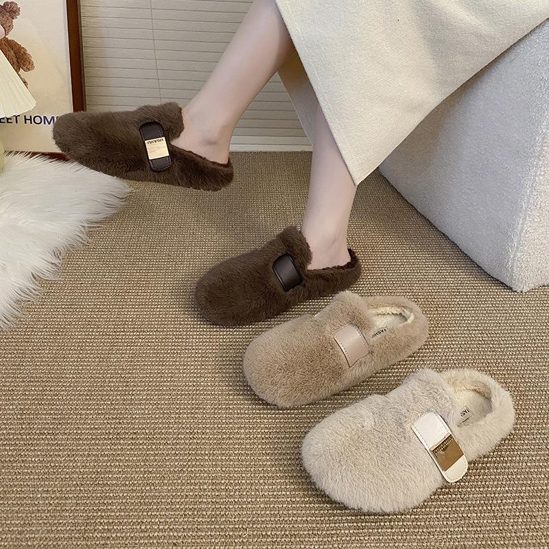 Internet Celebrity Explosion Mink Hairy Shoes Women Winter Wear Belt Buckle Thick Sole Velvet Bean Shoes Fairy Warm Cotton Mop