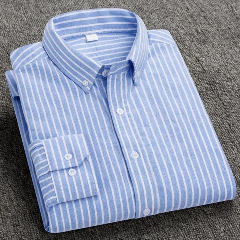 S-6XL Oxford Shirts for Men Long Sleeve Pure Cotton Solid Stripe Leisure Embroidered Horse Streetwear Business Plain Office 6XL