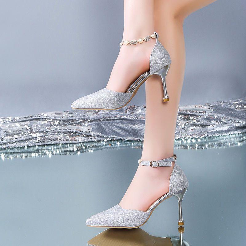 Wedding shoes thin heel design sense niche sandals 2025 summer new silver high heels temperament Muse fan women's single shoes