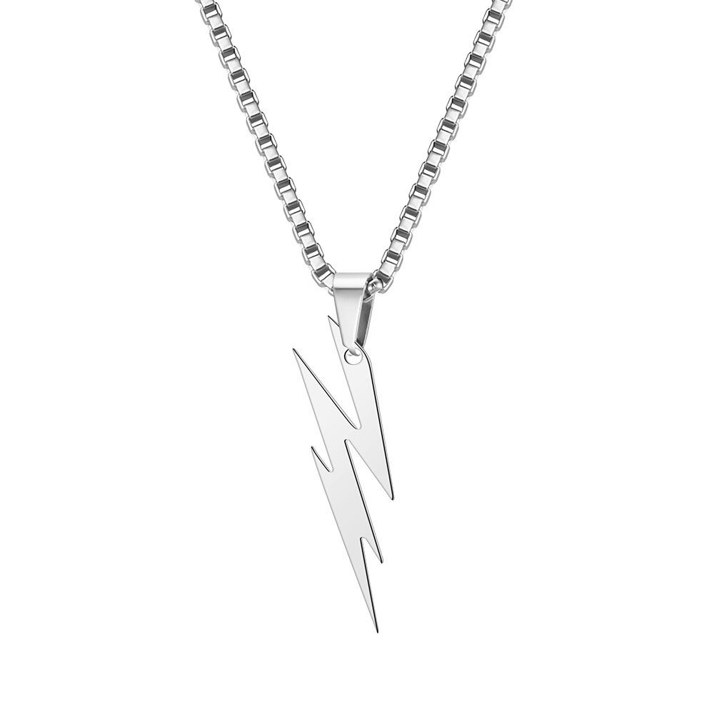 European & American Hip Hop Titanium Steel Lightning Pendant Necklace with Men's Square Pearl.
