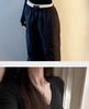 Women's Black V-neck Long-sleeve Slim-fit Thermal T-shirt with Velvet for Autumn/Winter