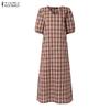 ZANZEA Womens Plaid Maxi Dress Casual V Neck Short Puff Sleeve Side Slit Vintage Loose Long Dresses