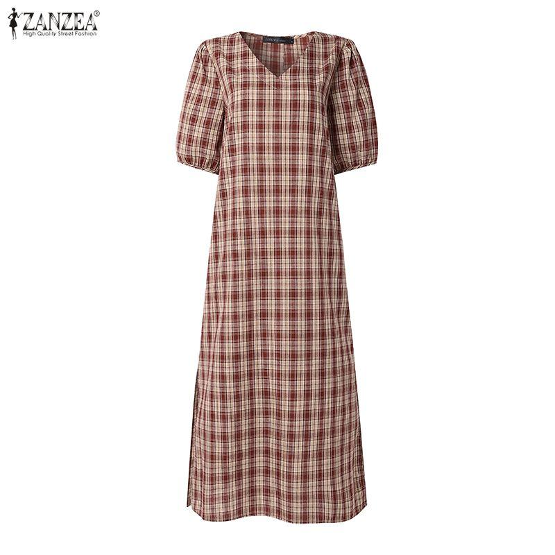 ZANZEA Womens Plaid Maxi Dress Casual V Neck Short Puff Sleeve Side Slit Vintage Loose Long Dresses