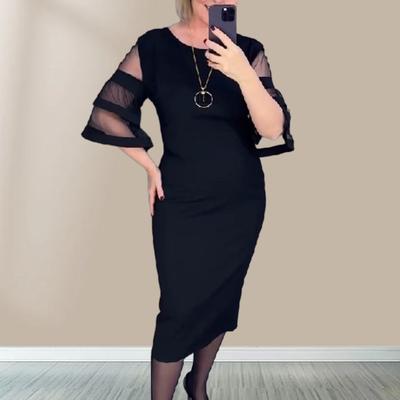 Women Midi Dress O-Neck Mesh Stitching 3/4 Flared Sleeve Casual Dress Back Zipper Elegant Office Lady Dress