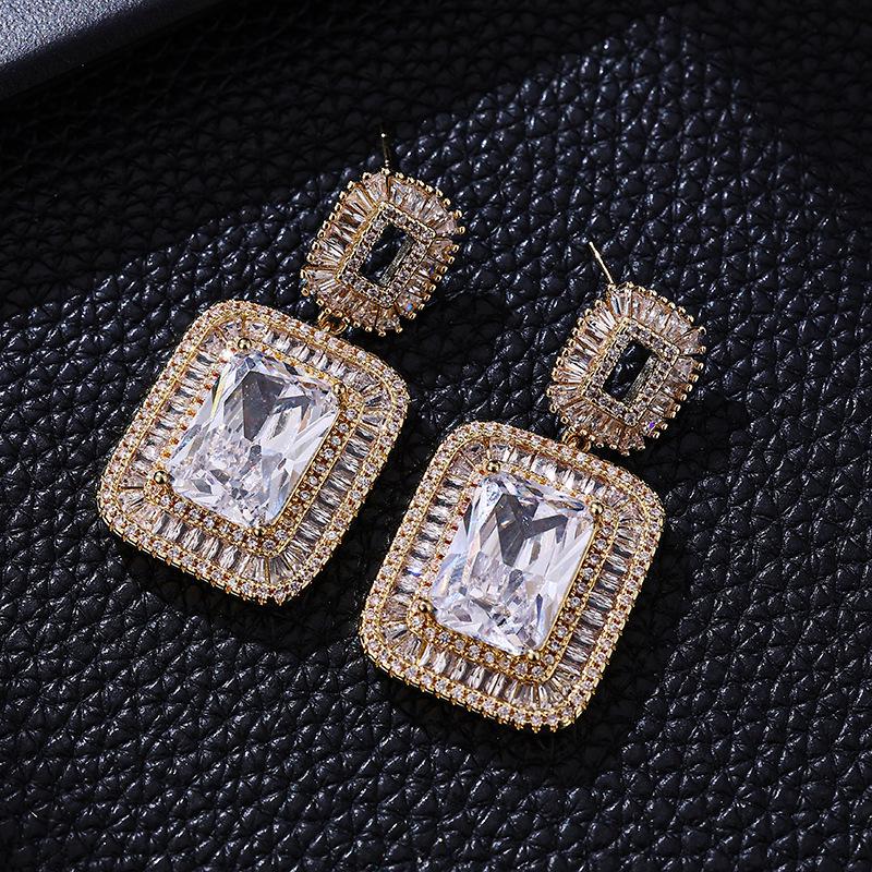 European and American Bold Super Flash Zircon Geometric Square Earrings for Evening Dress