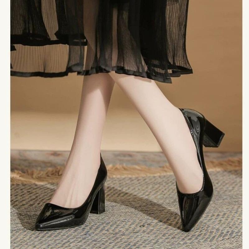 Fashion Patent Leather Block Heel Single Shoes Autumn New Pointed Toe Shallow Mouth Slip Foot Anti-Slip Wear-Resistant High Heels
