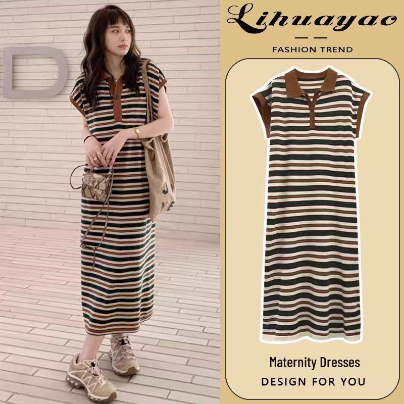 Maternity Casual Knit Stripe Lapel Summer Dress 2026 Large
