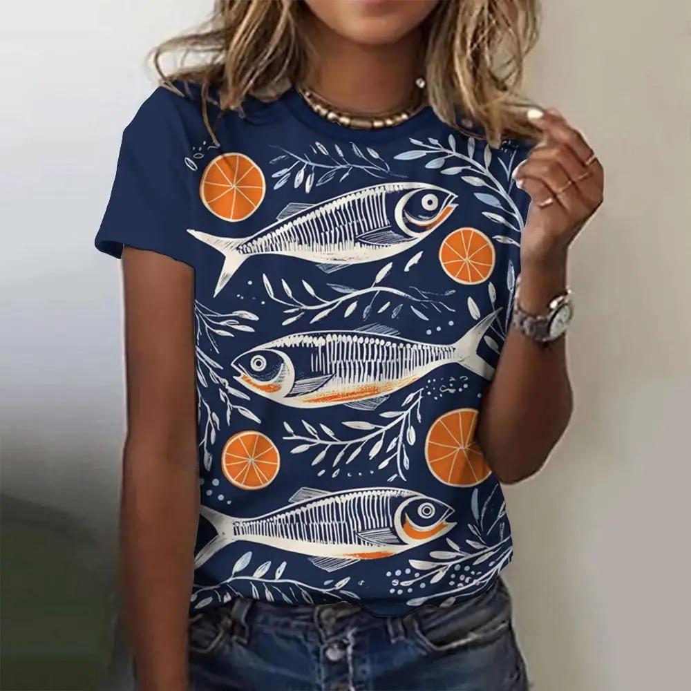 Summer Colorful Fish 3D Print T-Shirts Women's Short Sleeve O-Neck T Shirt Fashion Casual Tees Harajuku Y2k Tops Female Clothing