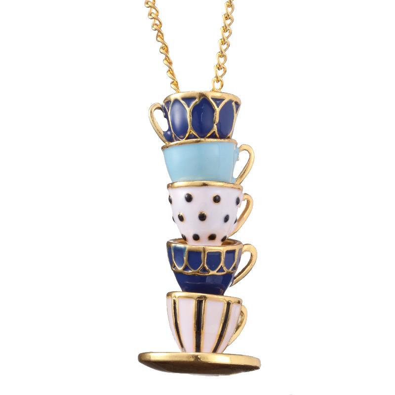 Handmade Sweater Chain Long Necklace with Enamel Teacup Pendant for Women 50cm